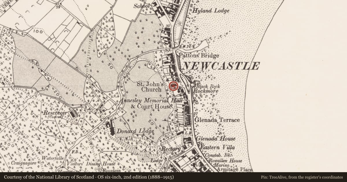 Ordnance Survey six-inch map, 2nd edition (1888–1915) covering the location of St John's C of I Church, Ballaghbeg, Newry, Mourne and Down, with a pin at the register's coordinates