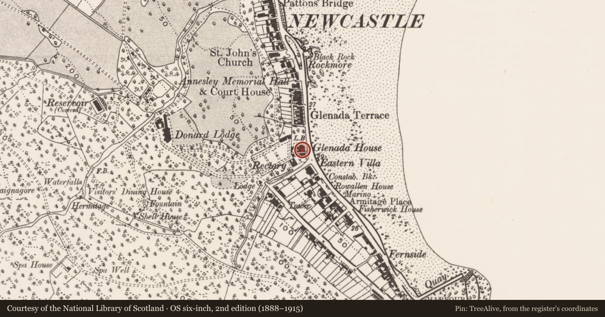 Ordnance Survey six-inch map, 2nd edition (1888–1915) covering the location of Glenada House, Ballaghbeg, Newry, Mourne and Down, with a pin at the register's coordinates