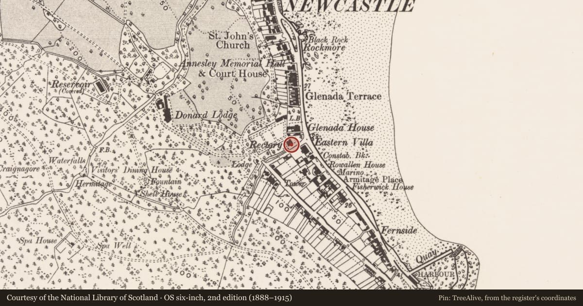 Ordnance Survey six-inch map, 2nd edition (1888–1915) covering the location of Church of Ireland Rectory, Ballaghbeg, Newry, Mourne and Down, with a pin at the register's coordinates