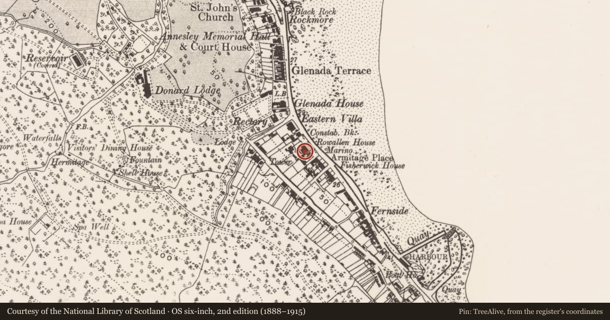 Ordnance Survey six-inch map, 2nd edition (1888–1915) covering the location of RUC station, Ballaghbeg, Newry, Mourne and Down, with a pin at the register's coordinates