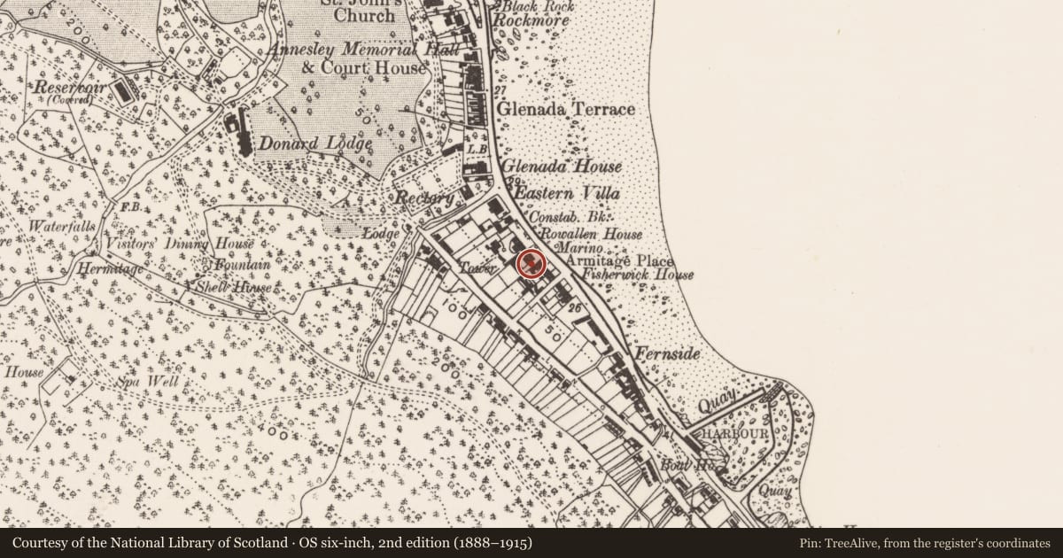 Ordnance Survey six-inch map, 2nd edition (1888–1915) covering the location of 'Marino', Ballaghbeg, Newry, Mourne and Down, with a pin at the register's coordinates