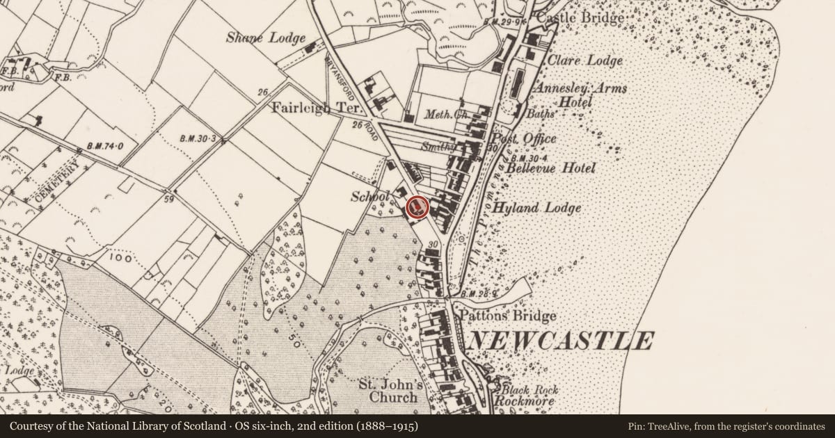 Ordnance Survey six-inch map, 2nd edition (1888–1915) covering the location of 12-22 Bryansford Road, Ballaghbeg, Newry, Mourne and Down, with a pin at the register's coordinates