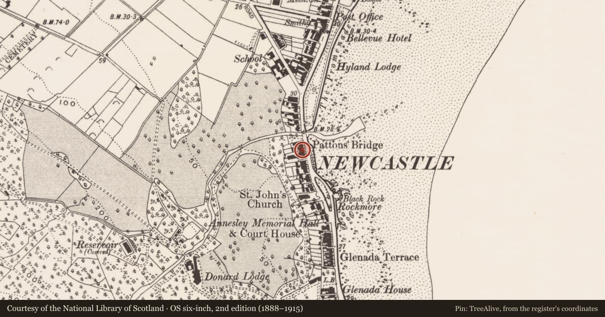 Ordnance Survey six-inch map, 2nd edition (1888–1915) covering the location of 131-159 Central Promenade, Ballaghbeg, Newry, Mourne and Down, with a pin at the register's coordinates