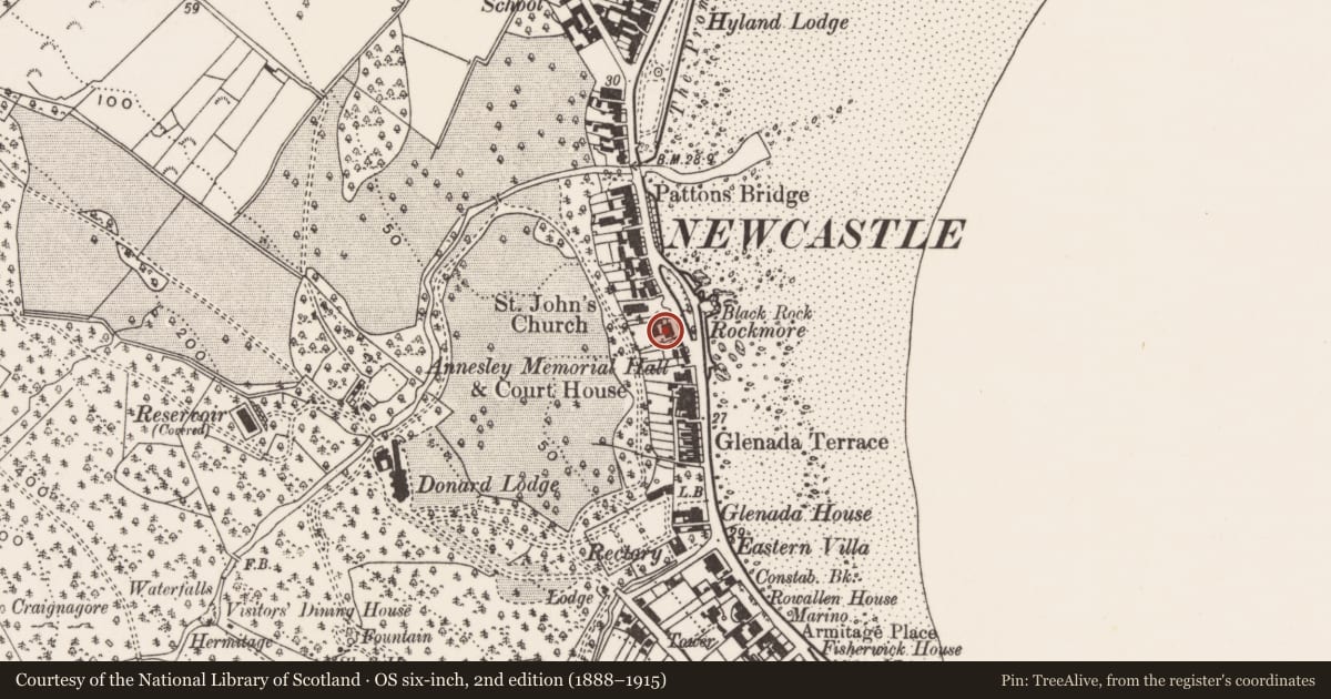 Ordnance Survey six-inch map, 2nd edition (1888–1915) covering the location of 'Rockmore', Ballaghbeg, Newry, Mourne and Down, with a pin at the register's coordinates