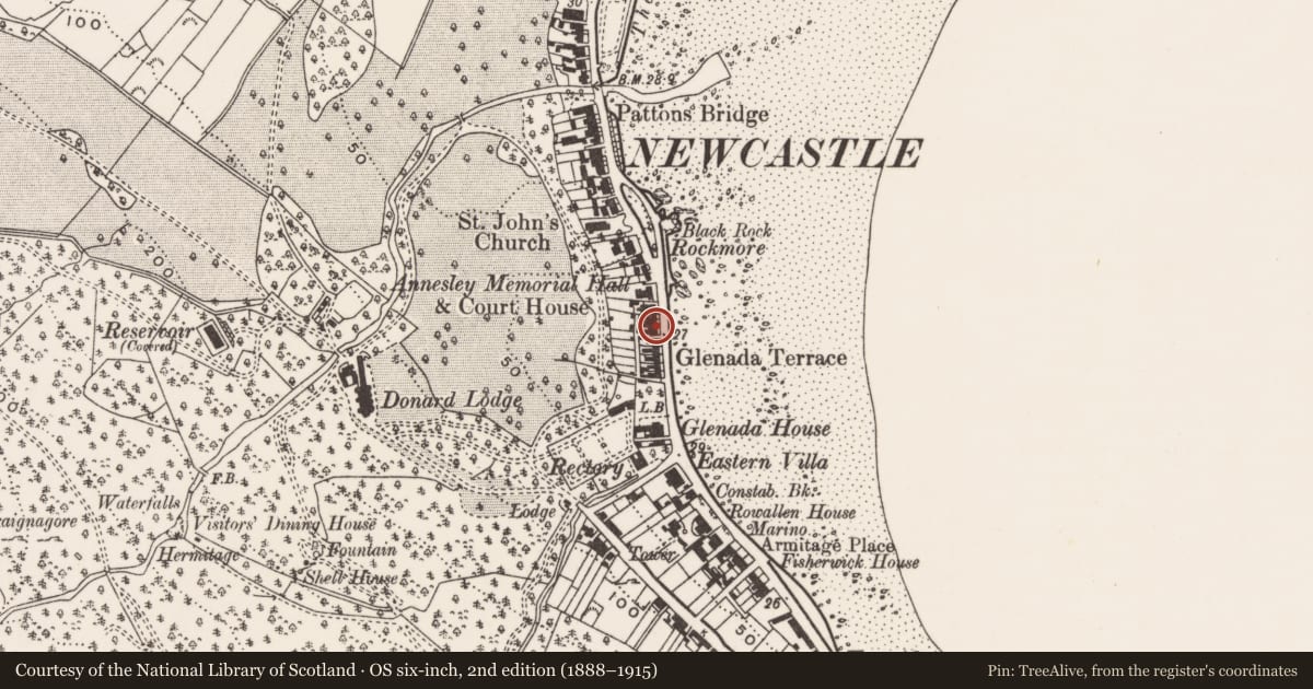 Ordnance Survey six-inch map, 2nd edition (1888–1915) covering the location of 5-25 South Promenade, Ballaghbeg, Newry, Mourne and Down, with a pin at the register's coordinates