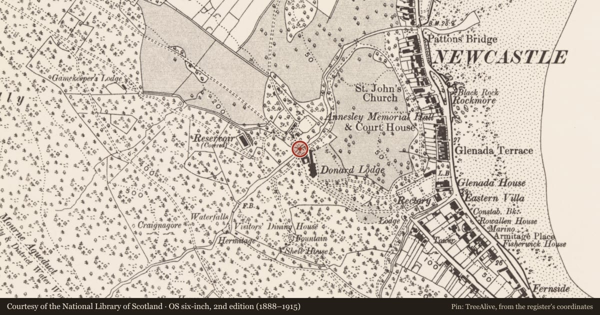 Ordnance Survey six-inch map, 2nd edition (1888–1915) covering the location of Donard Bridge, Ballaghbeg, Newry, Mourne and Down, with a pin at the register's coordinates