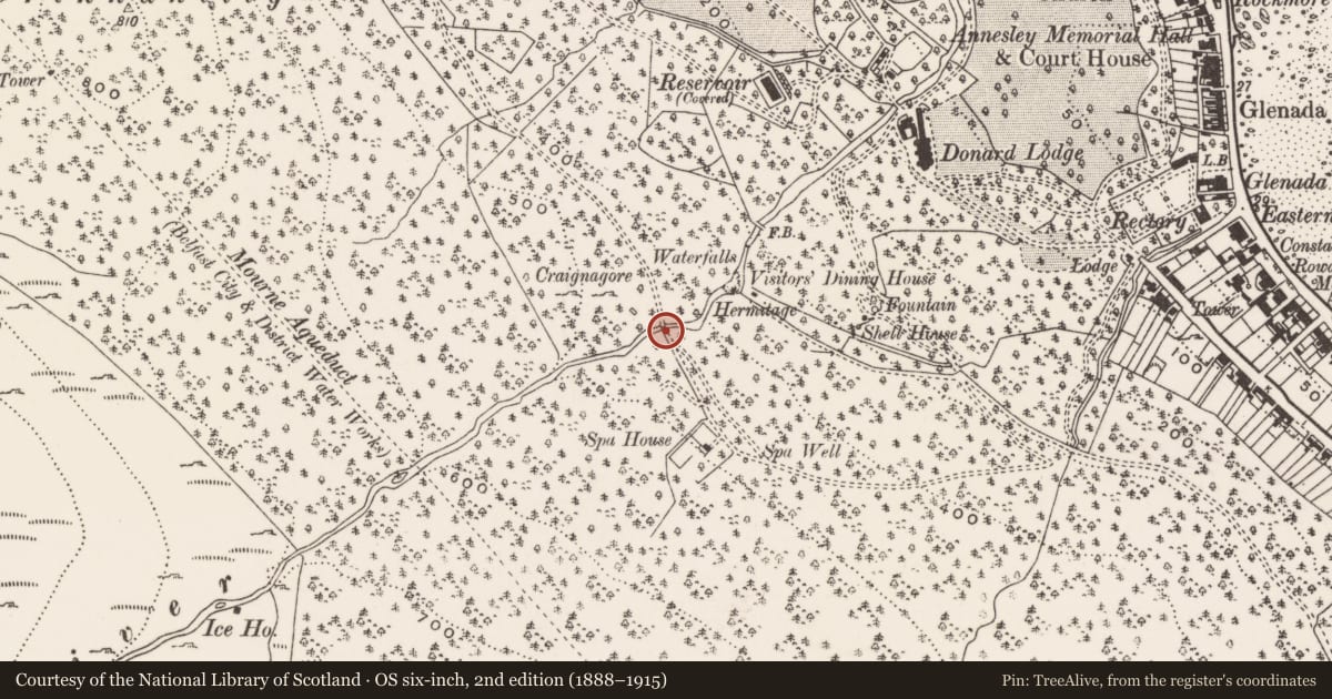 Ordnance Survey six-inch map, 2nd edition (1888–1915) covering the location of Bridge SW of Donard Bridge, Ballaghbeg, Newry, Mourne and Down, with a pin at the register's coordinates