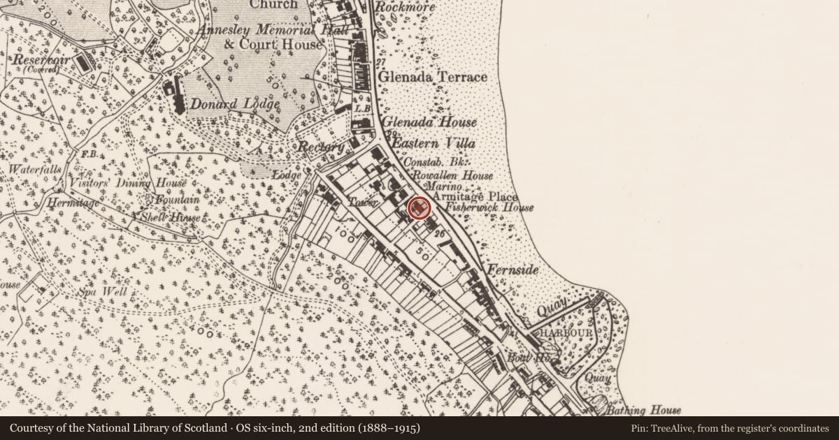 Ordnance Survey six-inch map, 2nd edition (1888–1915) covering the location of 47-51 South Promenade, Ballaghbeg, Newry, Mourne and Down, with a pin at the register's coordinates