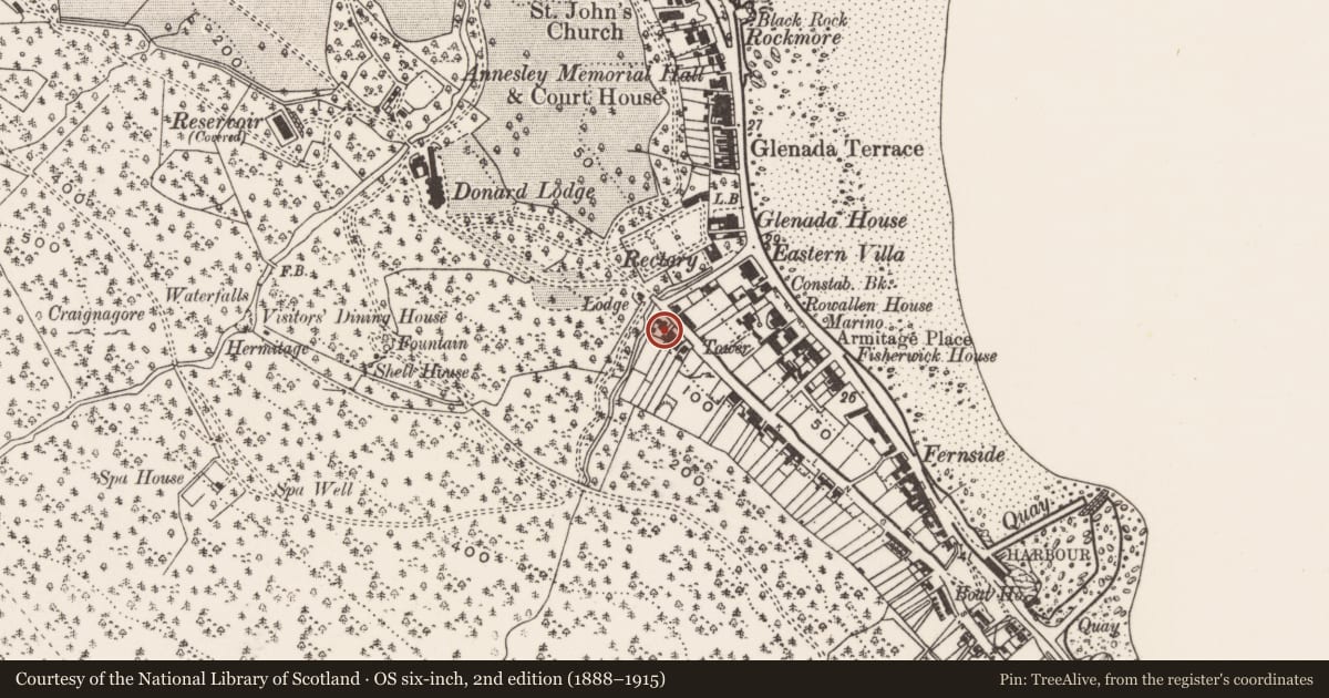 Ordnance Survey six-inch map, 2nd edition (1888–1915) covering the location of Woodside, Ballaghbeg, Newry, Mourne and Down, with a pin at the register's coordinates
