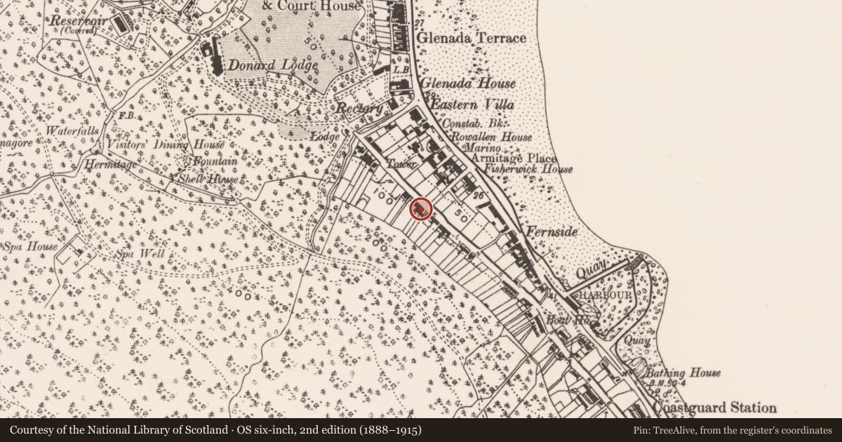 Ordnance Survey six-inch map, 2nd edition (1888–1915) covering the location of 'Bay View', Ballaghbeg, Newry, Mourne and Down, with a pin at the register's coordinates