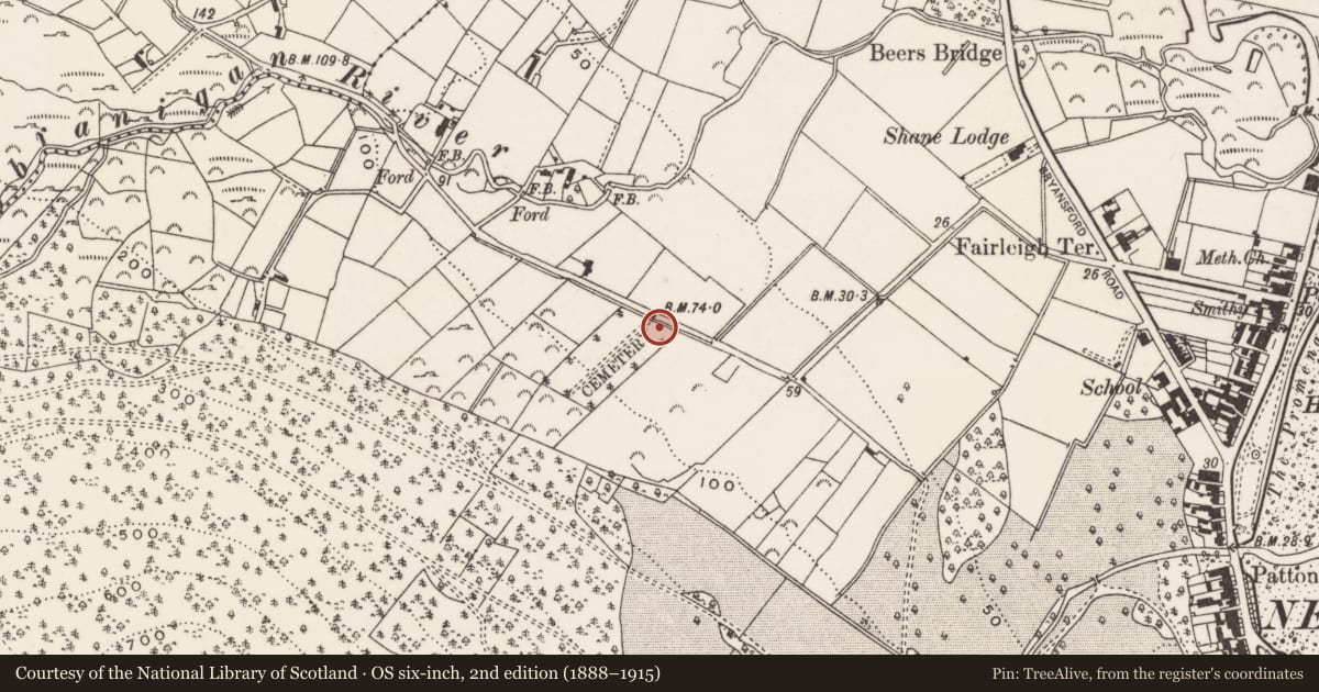 Ordnance Survey six-inch map, 2nd edition (1888–1915) covering the location of St Colman's C of I Church, Ballaghbeg, Newry, Mourne and Down, with a pin at the register's coordinates