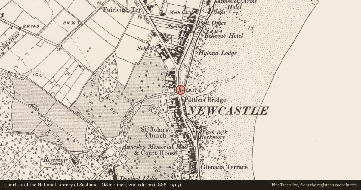 Ordnance Survey six-inch map, 2nd edition (1888–1915) covering the location of Park shelter, Ballaghbeg, Newry, Mourne and Down, with a pin at the register's coordinates