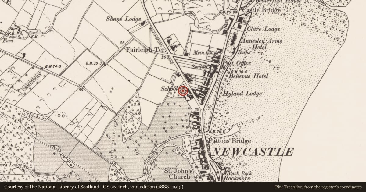 Ordnance Survey six-inch map, 2nd edition (1888–1915) covering the location of Former School House (now church hall), Ballaghbeg, Newry, Mourne and Down, with a pin at the register's coordinates