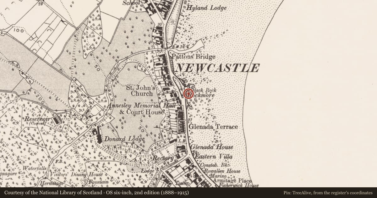 Ordnance Survey six-inch map, 2nd edition (1888–1915) covering the location of Rock Pool, Ballaghbeg, Newry, Mourne and Down, with a pin at the register's coordinates