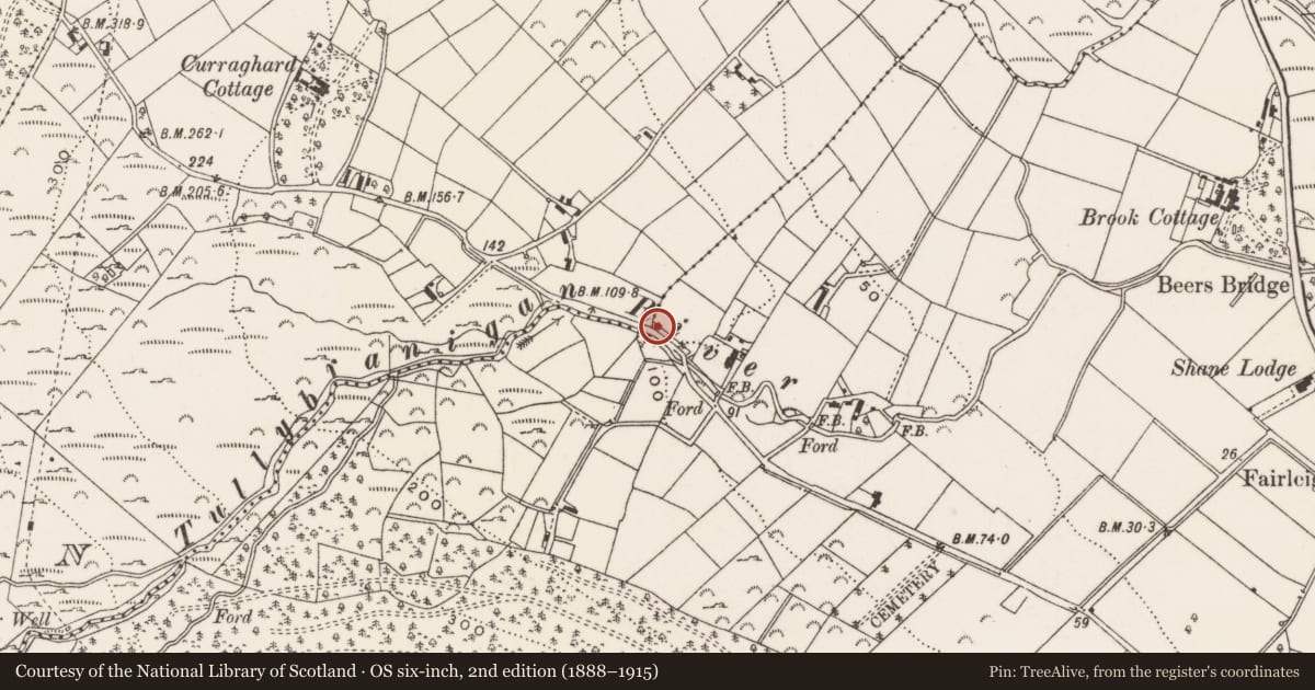 Ordnance Survey six-inch map, 2nd edition (1888–1915) covering the location of Boundary Stone next to 73 Tullybrannigan Road Ballaghbeg Newcastle Co. Down BT33 0PL, Newry, Mourne and Down, with a pin at the register's coordinates