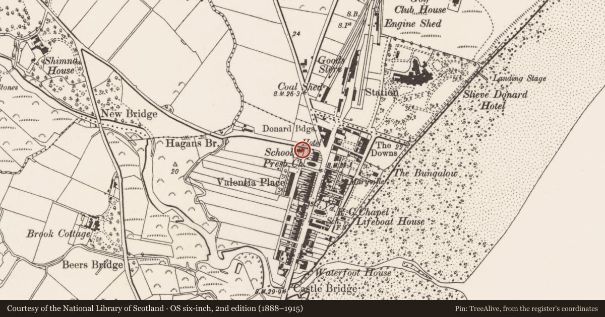 Ordnance Survey six-inch map, 2nd edition (1888–1915) covering the location of Church Hall (former school house), Newcastle, Newry, Mourne and Down, with a pin at the register's coordinates