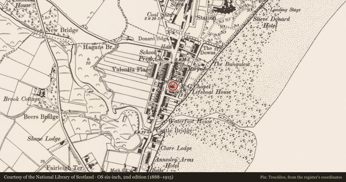 Ordnance Survey six-inch map, 2nd edition (1888–1915) covering the location of St. Mary's Youth Centre, Newcastle, Newry, Mourne and Down, with a pin at the register's coordinates