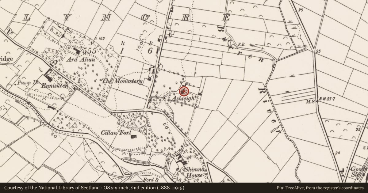 Ordnance Survey six-inch map, 2nd edition (1888–1915) covering the location of Ashleigh, Newcastle, Newry, Mourne and Down, with a pin at the register's coordinates