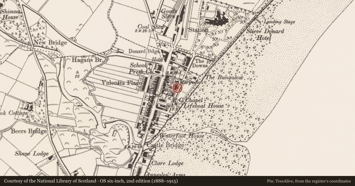 Ordnance Survey six-inch map, 2nd edition (1888–1915) covering the location of 18 Downs Road, Newcastle, Newry, Mourne and Down, with a pin at the register's coordinates