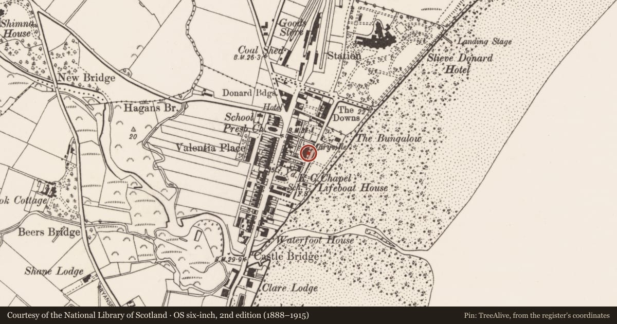 Ordnance Survey six-inch map, 2nd edition (1888–1915) covering the location of 20 Downs Road, Newcastle, Newry, Mourne and Down, with a pin at the register's coordinates