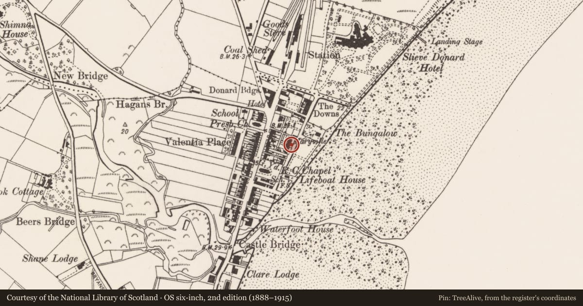 Ordnance Survey six-inch map, 2nd edition (1888–1915) covering the location of 22 Downs Road, Newcastle, Newry, Mourne and Down, with a pin at the register's coordinates