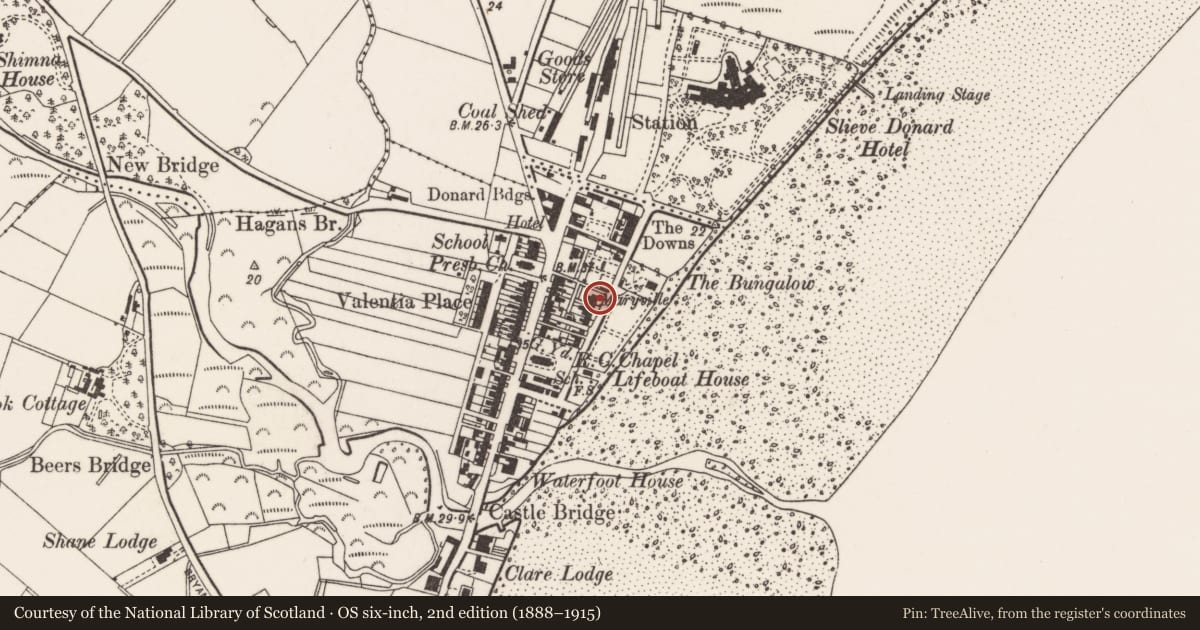 Ordnance Survey six-inch map, 2nd edition (1888–1915) covering the location of 24 Downs Road, Newcastle, Newry, Mourne and Down, with a pin at the register's coordinates