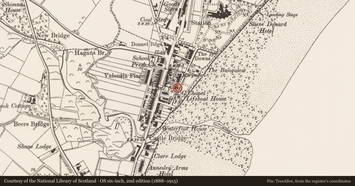 Ordnance Survey six-inch map, 2nd edition (1888–1915) covering the location of 10-12 Downs Road, Newcastle, Newry, Mourne and Down, with a pin at the register's coordinates