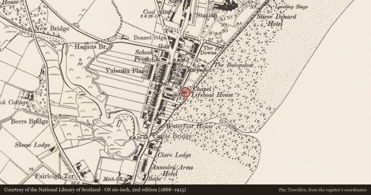 Ordnance Survey six-inch map, 2nd edition (1888–1915) covering the location of Elim Pentecostal Church, Newcastle, Newry, Mourne and Down, with a pin at the register's coordinates
