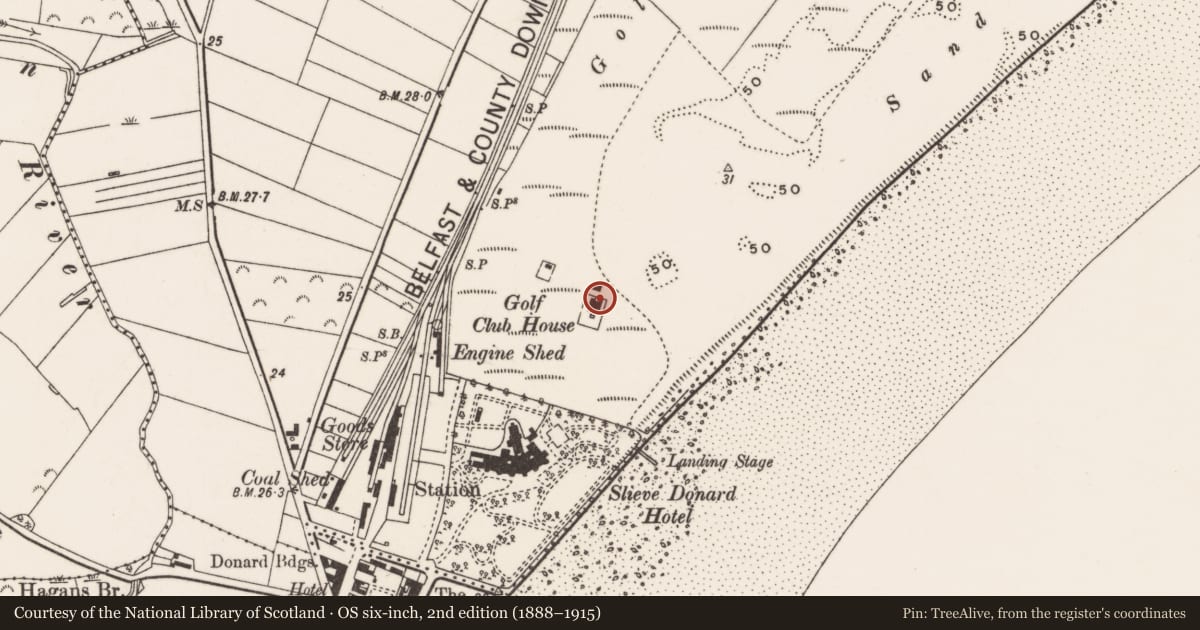 Ordnance Survey six-inch map, 2nd edition (1888–1915) covering the location of Royal County Down Golf Club, Murlough Upper, Newry, Mourne and Down, with a pin at the register's coordinates