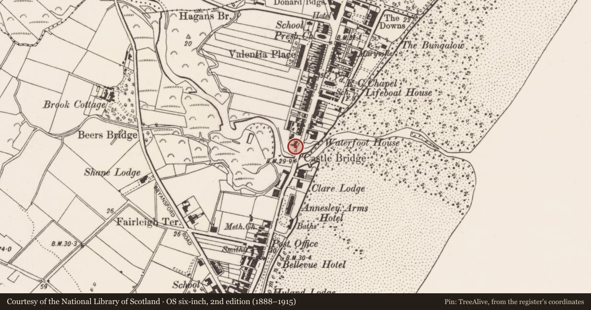 Ordnance Survey six-inch map, 2nd edition (1888–1915) covering the location of (Site of) cottage, Newcastle, Newry, Mourne and Down, with a pin at the register's coordinates