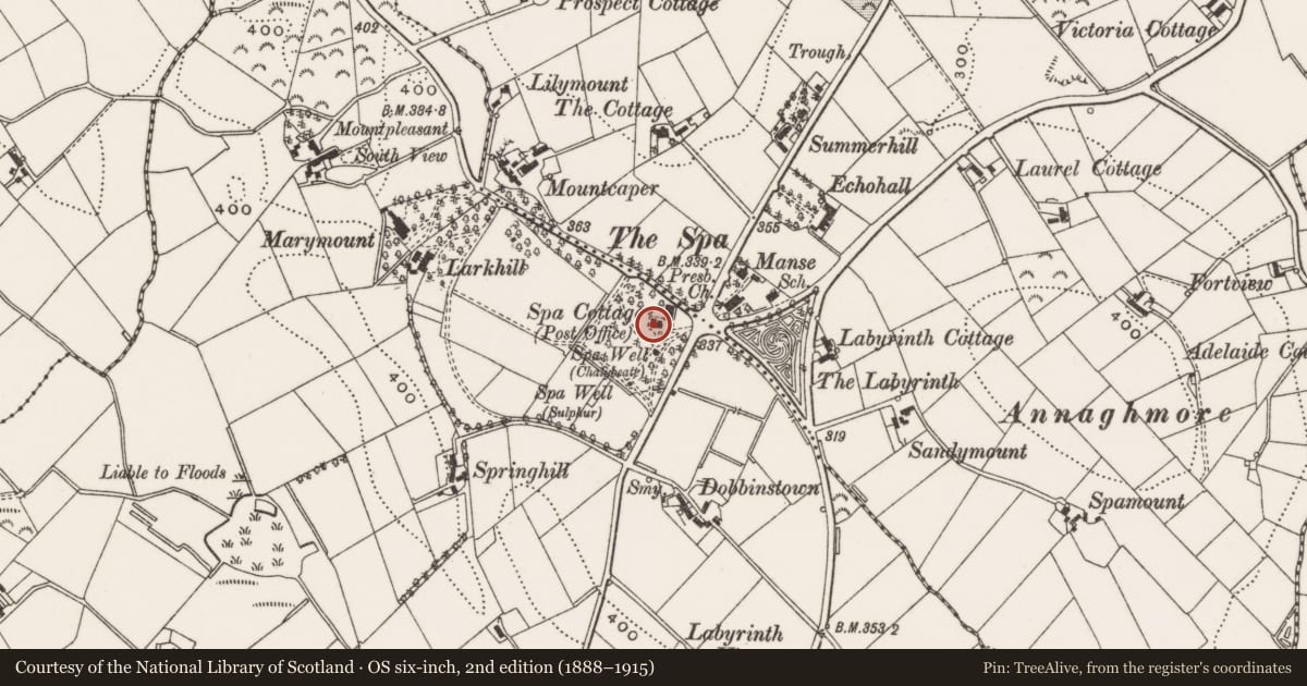 Ordnance Survey six-inch map, 2nd edition (1888–1915) covering the location of Grove Cottage, Newry, Mourne and Down, with a pin at the register's coordinates