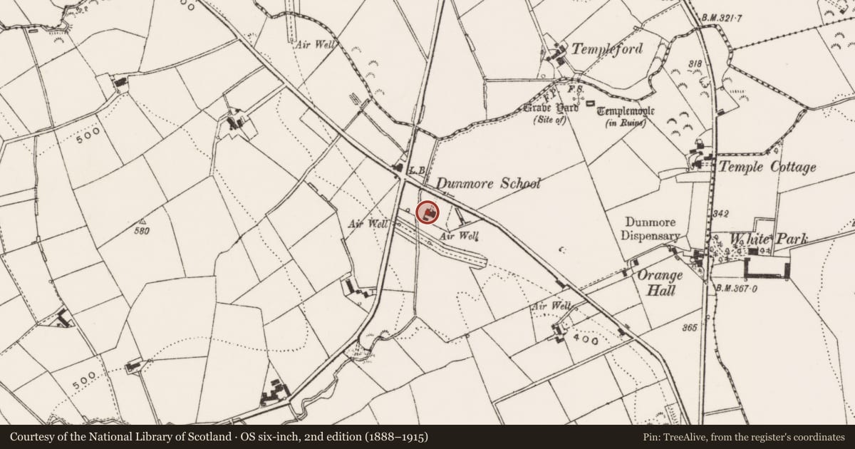 Ordnance Survey six-inch map, 2nd edition (1888–1915) covering the location of Dunmore Old School, Newry, Mourne and Down, with a pin at the register's coordinates