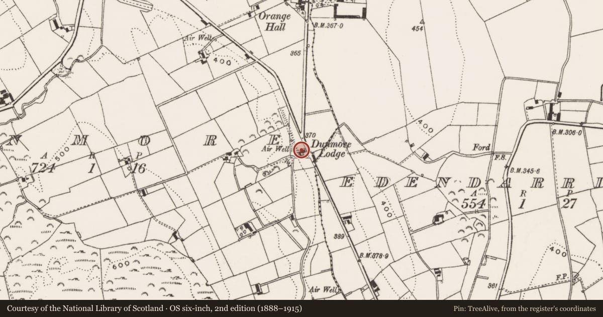 Ordnance Survey six-inch map, 2nd edition (1888–1915) covering the location of 41 Edendarriff Road, Dunmore, Newry, Mourne and Down, with a pin at the register's coordinates