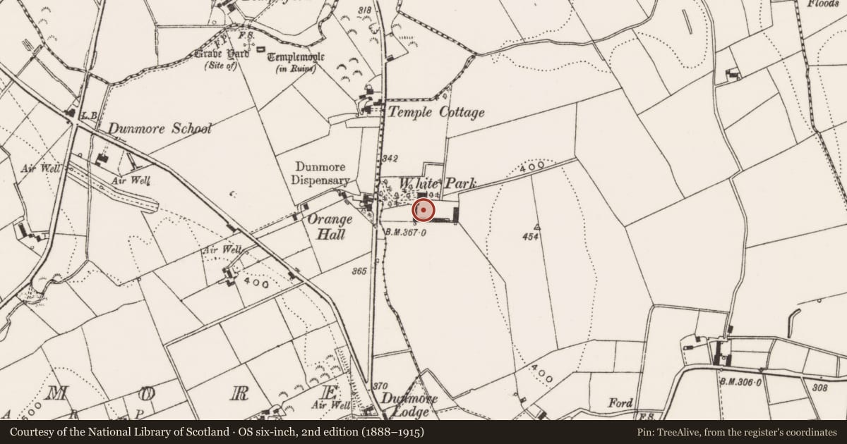 Ordnance Survey six-inch map, 2nd edition (1888–1915) covering the location of WHITEPARK, Newry, Mourne and Down, with a pin at the register's coordinates