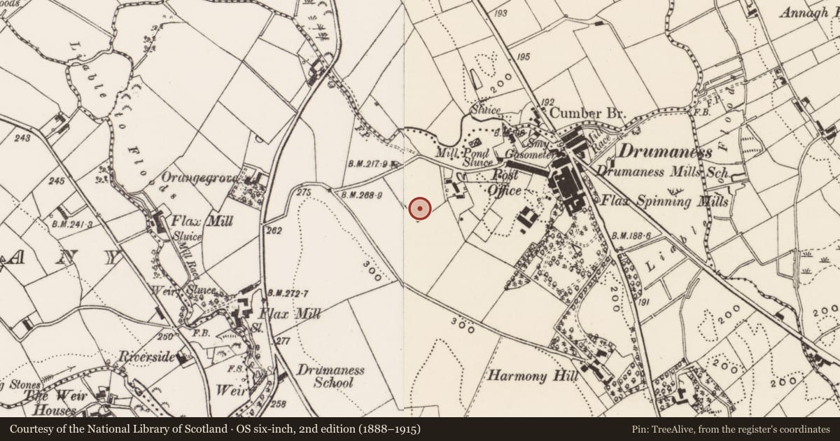 Ordnance Survey six-inch map, 2nd edition (1888–1915) covering the location of 1 Hillside Cottages, Newry, Mourne and Down, with a pin at the register's coordinates