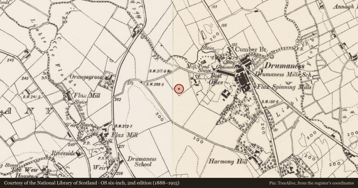 Ordnance Survey six-inch map, 2nd edition (1888–1915) covering the location of 2 Hillside Cottages, Newry, Mourne and Down, with a pin at the register's coordinates