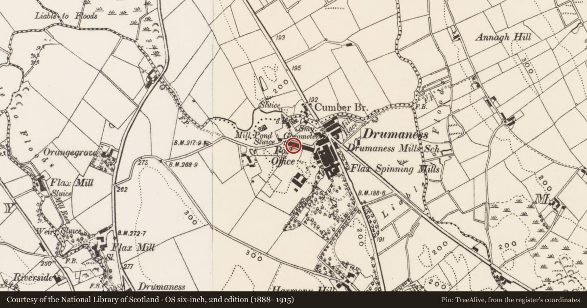 Ordnance Survey six-inch map, 2nd edition (1888–1915) covering the location of 5 Red Row, Newry, Mourne and Down, with a pin at the register's coordinates