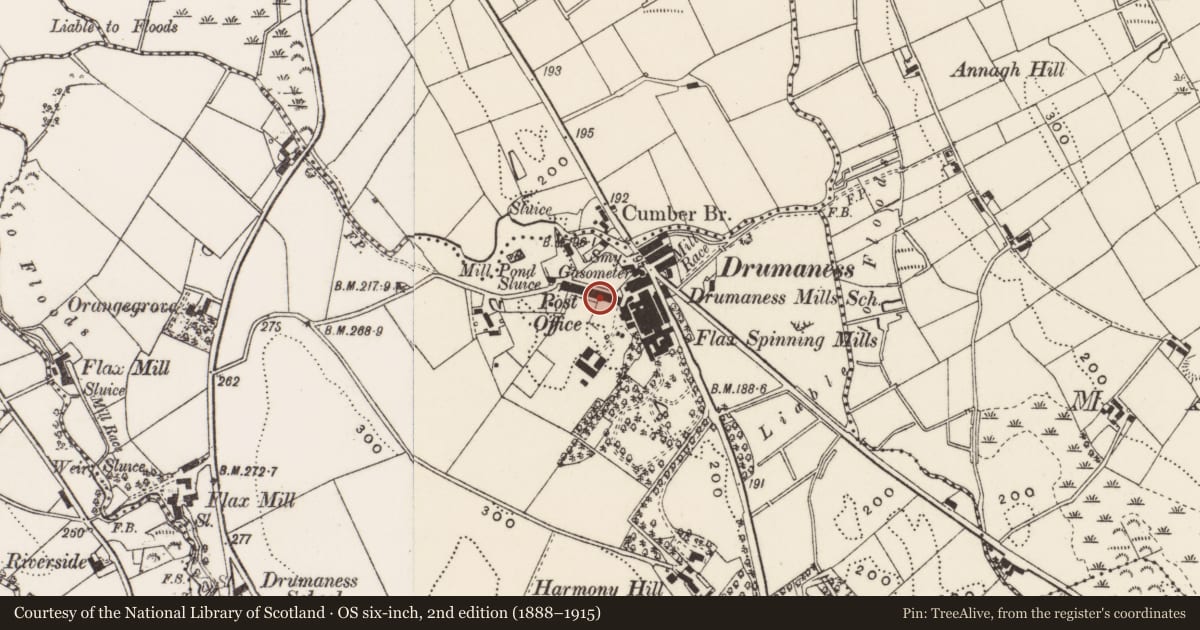 Ordnance Survey six-inch map, 2nd edition (1888–1915) covering the location of 13 Red Row, Newry, Mourne and Down, with a pin at the register's coordinates