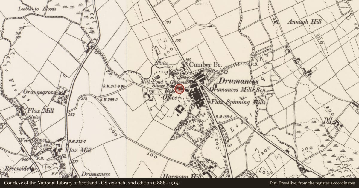 Ordnance Survey six-inch map, 2nd edition (1888–1915) covering the location of 9 Red Row, Newry, Mourne and Down, with a pin at the register's coordinates