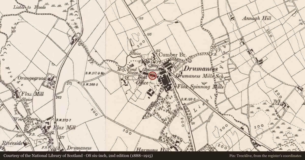 Ordnance Survey six-inch map, 2nd edition (1888–1915) covering the location of 12 Red Row, Newry, Mourne and Down, with a pin at the register's coordinates