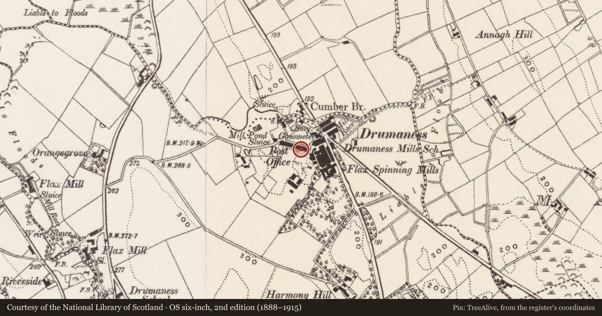Ordnance Survey six-inch map, 2nd edition (1888–1915) covering the location of 14 Red Row, Newry, Mourne and Down, with a pin at the register's coordinates
