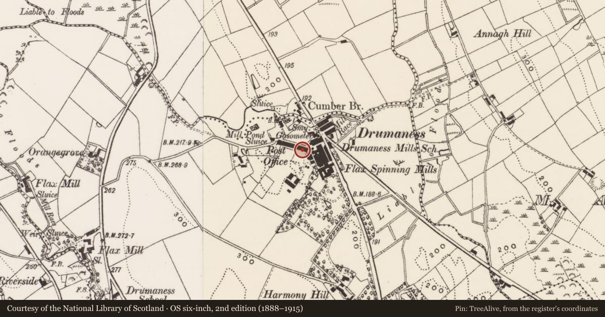 Ordnance Survey six-inch map, 2nd edition (1888–1915) covering the location of 17-18 Red Row, Newry, Mourne and Down, with a pin at the register's coordinates