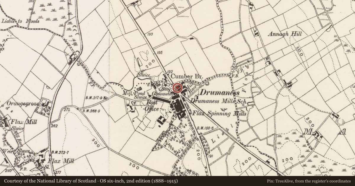 Ordnance Survey six-inch map, 2nd edition (1888–1915) covering the location of 2 Riverside Cottages, Newry, Mourne and Down, with a pin at the register's coordinates