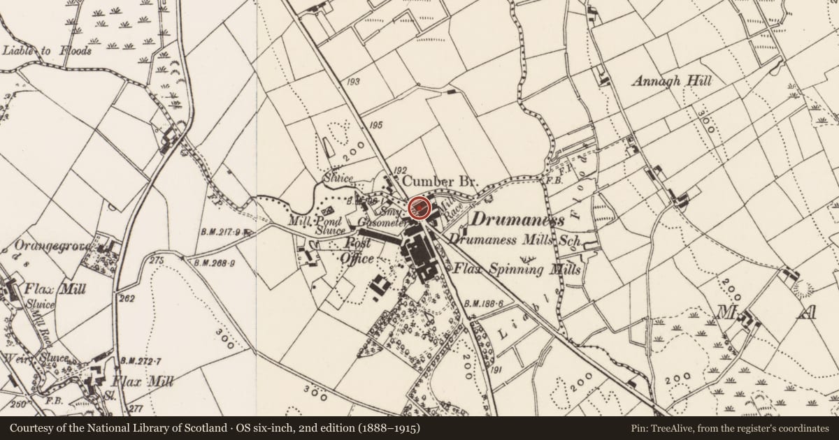 Ordnance Survey six-inch map, 2nd edition (1888–1915) covering the location of 3 Riverside Cottages, Newry, Mourne and Down, with a pin at the register's coordinates