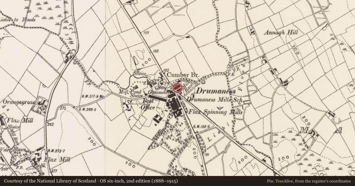 Ordnance Survey six-inch map, 2nd edition (1888–1915) covering the location of 9 The Green, Newry, Mourne and Down, with a pin at the register's coordinates