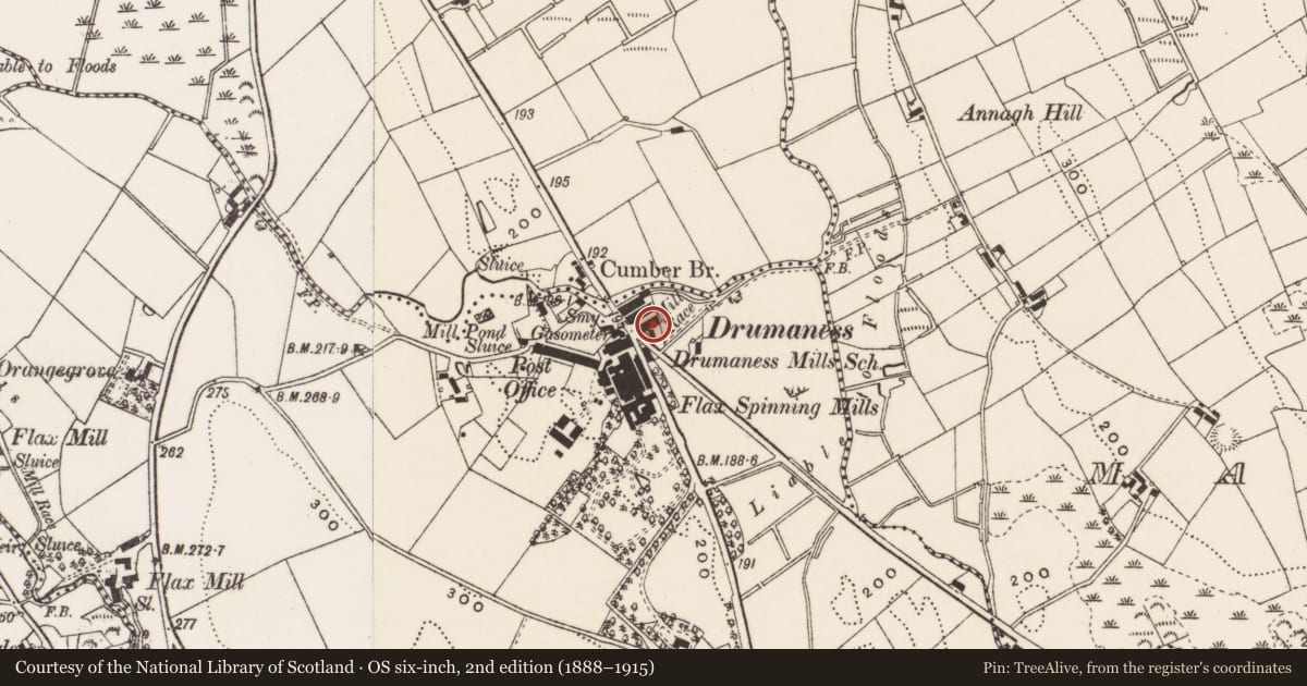 Ordnance Survey six-inch map, 2nd edition (1888–1915) covering the location of 14 The Green, Newry, Mourne and Down, with a pin at the register's coordinates
