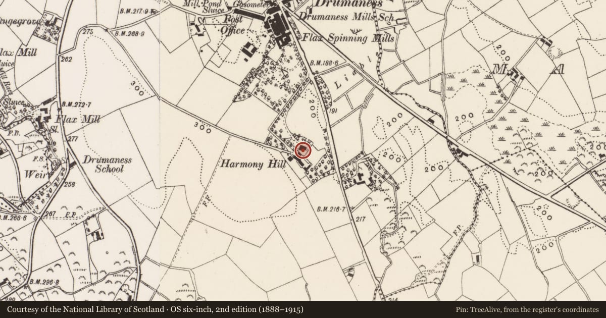 Ordnance Survey six-inch map, 2nd edition (1888–1915) covering the location of Harmony Hill, Newry, Mourne and Down, with a pin at the register's coordinates