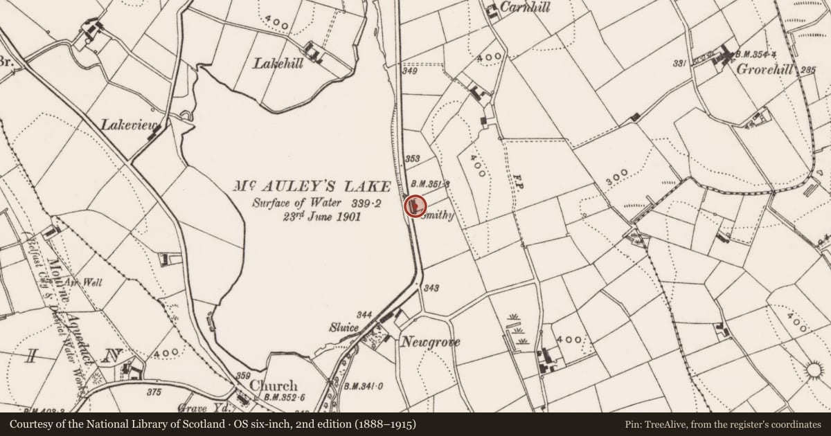 Ordnance Survey six-inch map, 2nd edition (1888–1915) covering the location of Pump in front of 60 Dunmore Road, Newry, Mourne and Down, with a pin at the register's coordinates