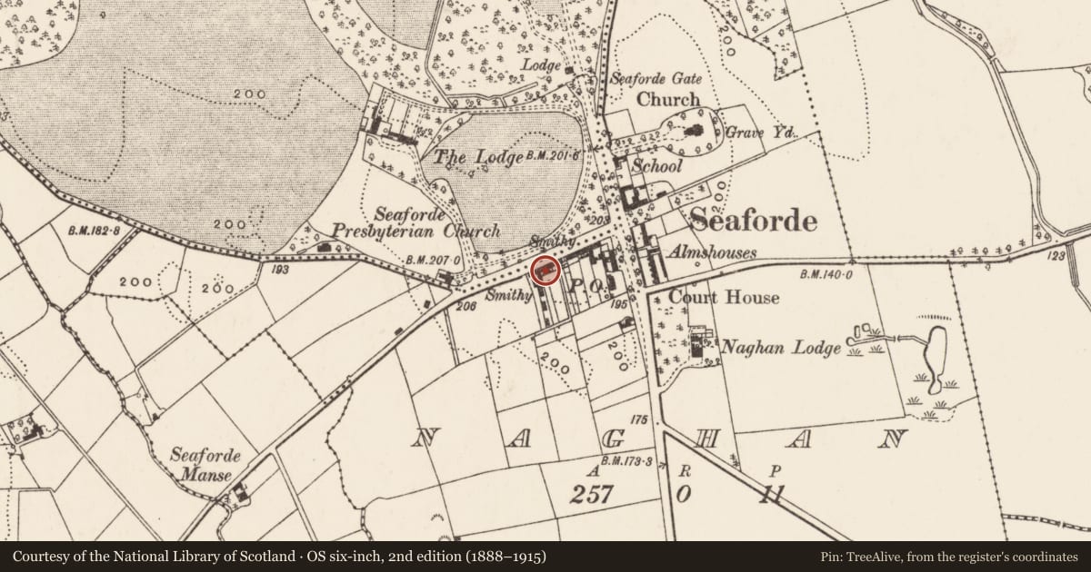 Ordnance Survey six-inch map, 2nd edition (1888–1915) covering the location of 16 Main Street, Naghan, Newry, Mourne and Down, with a pin at the register's coordinates