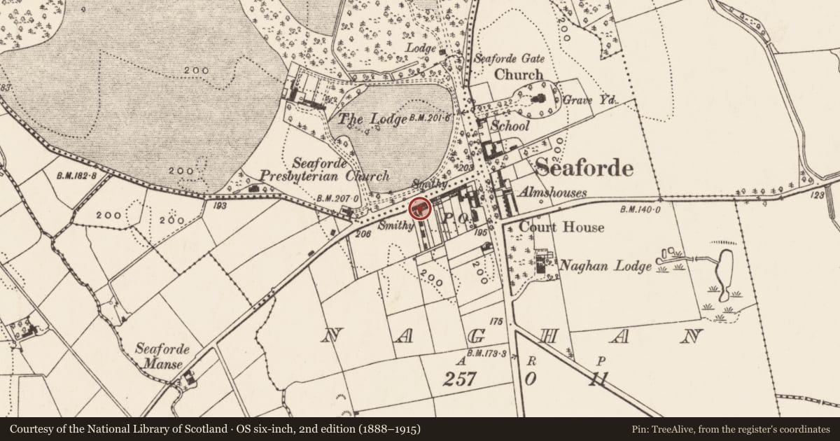 Ordnance Survey six-inch map, 2nd edition (1888–1915) covering the location of 18 Main Street, Naghan, Newry, Mourne and Down, with a pin at the register's coordinates